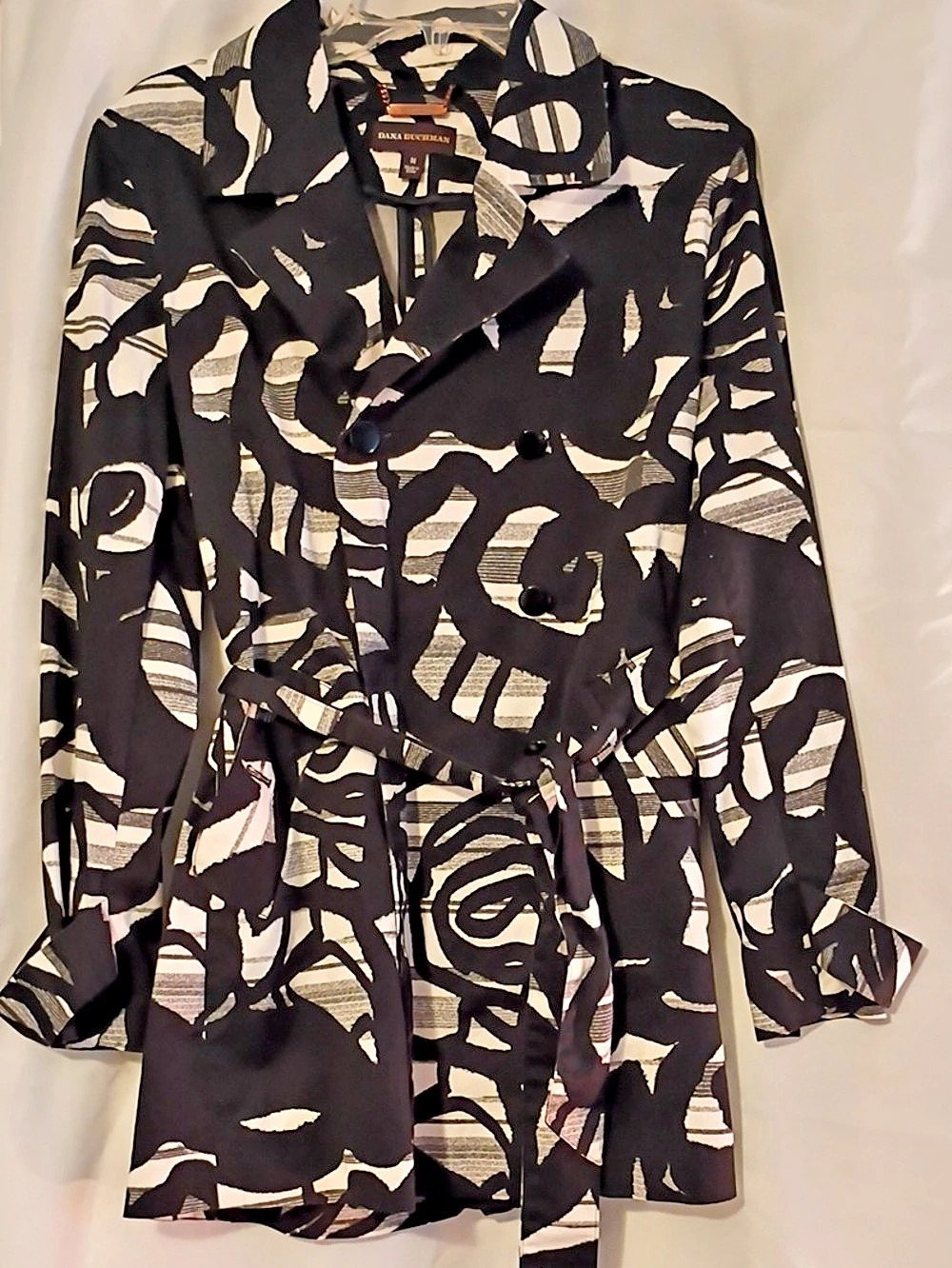Dana Buchman Abstract Belted Trench Coat in Black & White Size Medium